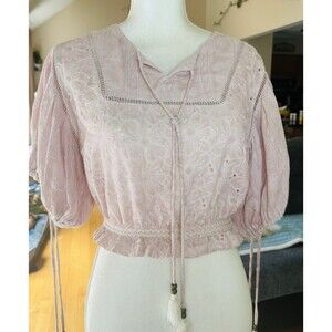 POL Anthropology Mauve Lace Embroidered Eyelet Crop Top Coquette Cottagecore